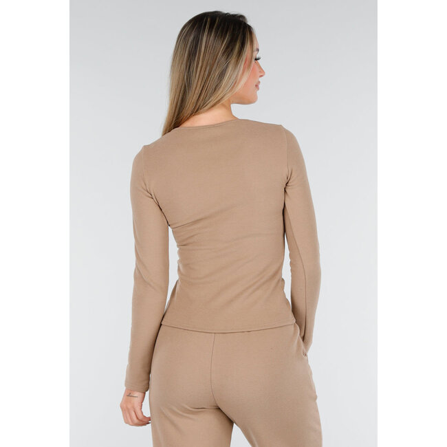 Beigefarbenes, weiches Stretch-Oberteil mit Rundhalsausschnitt und langen Ärmeln