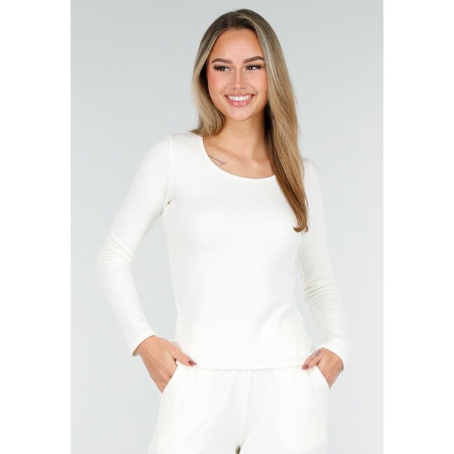 Weißes Fleece-Stretch-Oberteil mit Rundhalsausschnitt