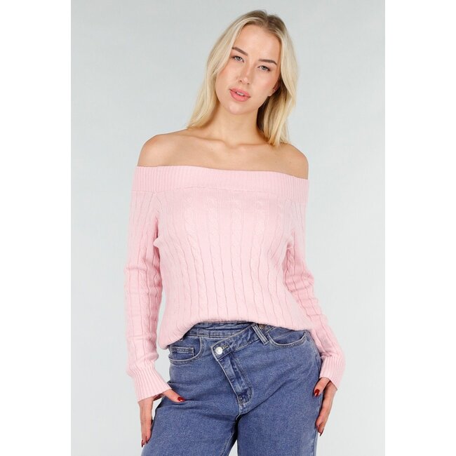 Hellrosa Off-Shoulder-Pullover mit Zopfmuster und breitem Halsausschnitt