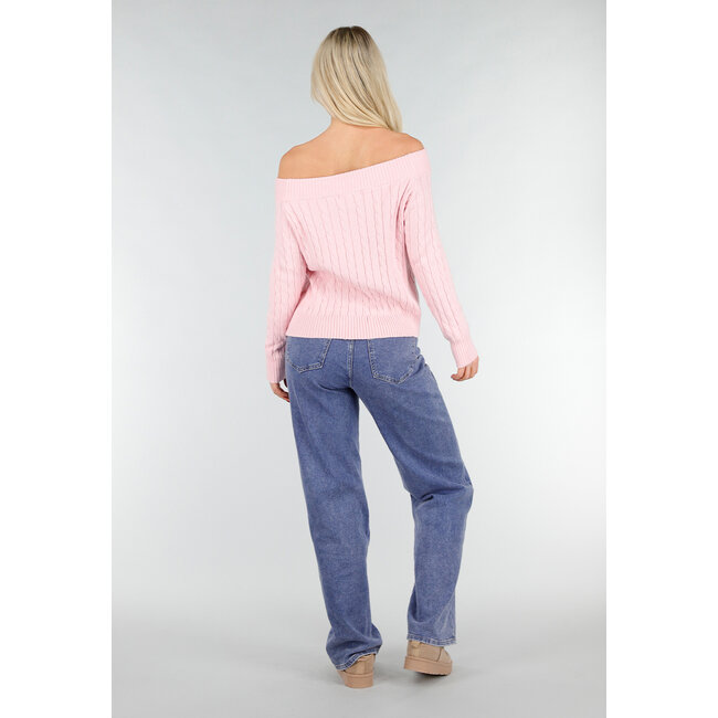 Hellrosa Off-Shoulder-Pullover mit Zopfmuster und breitem Halsausschnitt