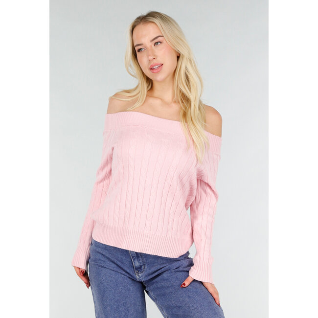 Hellrosa Off-Shoulder-Pullover mit Zopfmuster und breitem Halsausschnitt