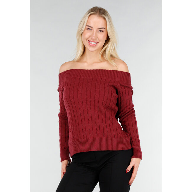 Dunkelrosa Off-Shoulder-Pullover mit Zopfmuster und breitem Halsausschnitt