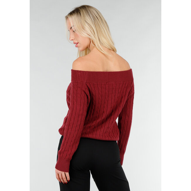 Dunkelrosa Off-Shoulder-Pullover mit Zopfmuster und breitem Halsausschnitt