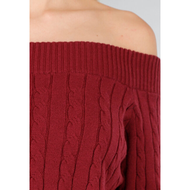 Dunkelrosa Off-Shoulder-Pullover mit Zopfmuster und breitem Halsausschnitt
