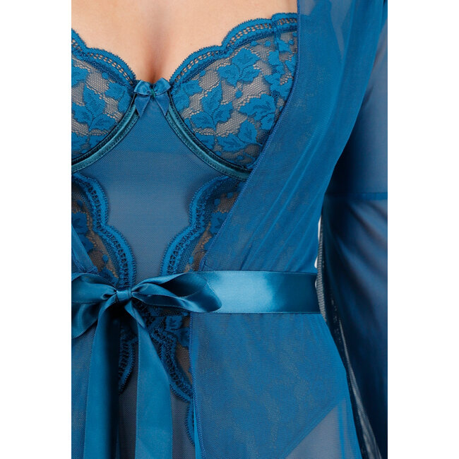 Petrolfarbenes Dessous-Set mit Body mit offenem Schritt und Kimono