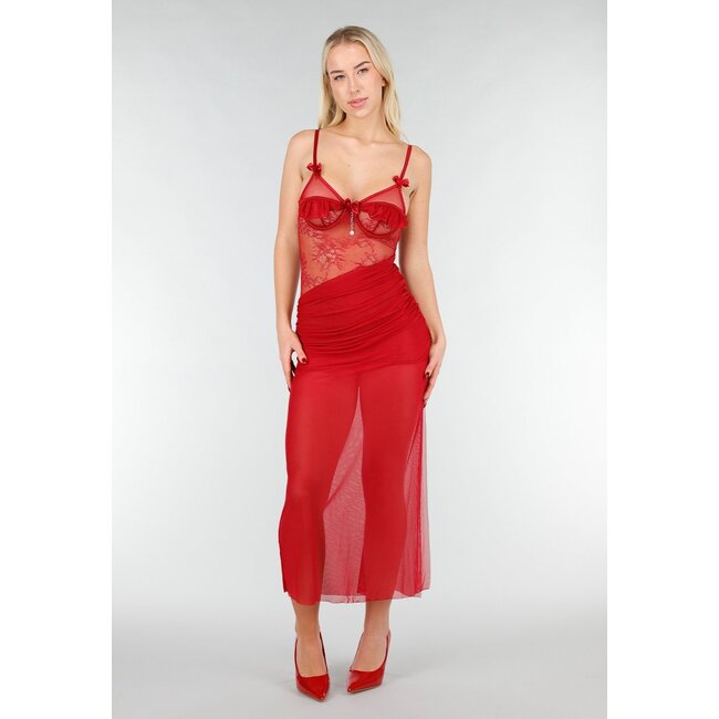 Rotes Mesh-Lingerie-Kleid mit Spitze
