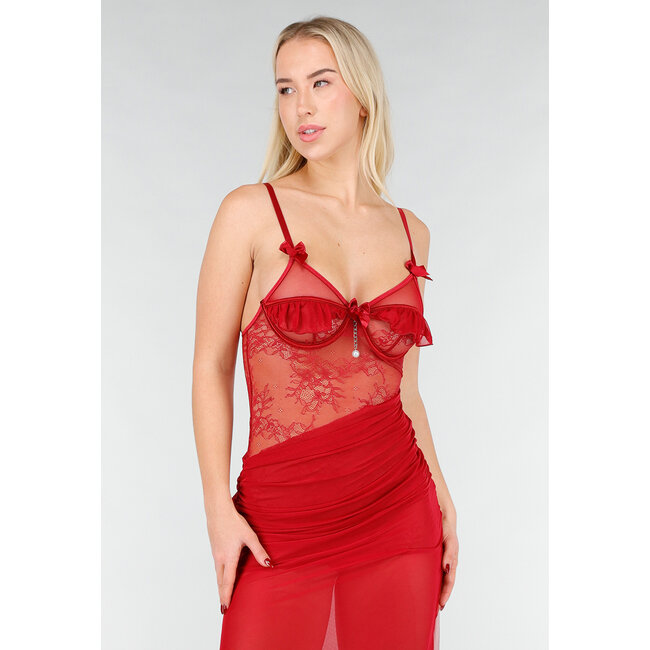 Rotes Mesh-Lingerie-Kleid mit Spitze