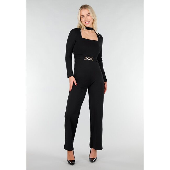 Schwarzer Cut-Out-Jumpsuit mit langen Ärmeln