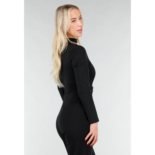 Schwarzer Cut-Out-Jumpsuit mit langen Ärmeln