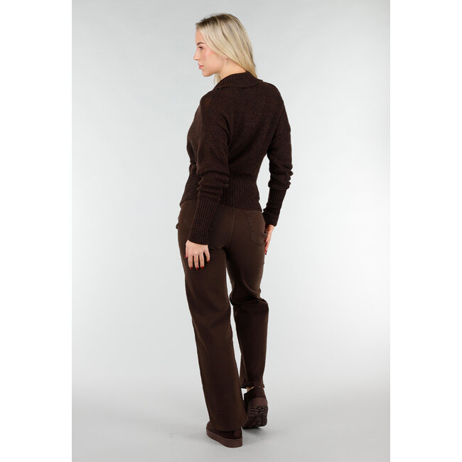 Brauner Strick-Wickelpullover mit langen Ärmeln