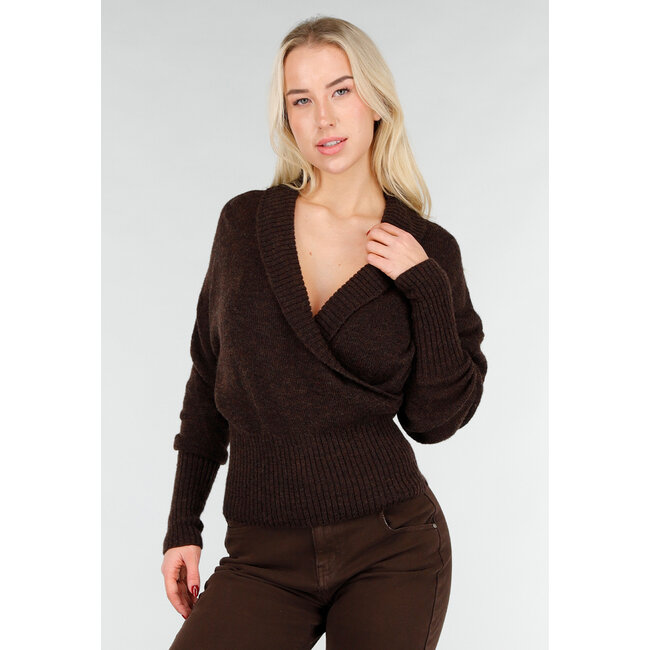 Brauner Strick-Wickelpullover mit langen Ärmeln
