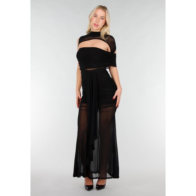 Schwarzes Maxikleid aus Mesh mit Cut-Out
