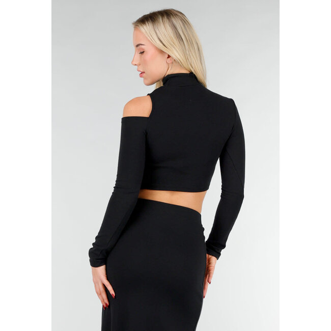 Schwarzes zweiteiliges Set mit Cut-Out-Oberteil und Maxirock