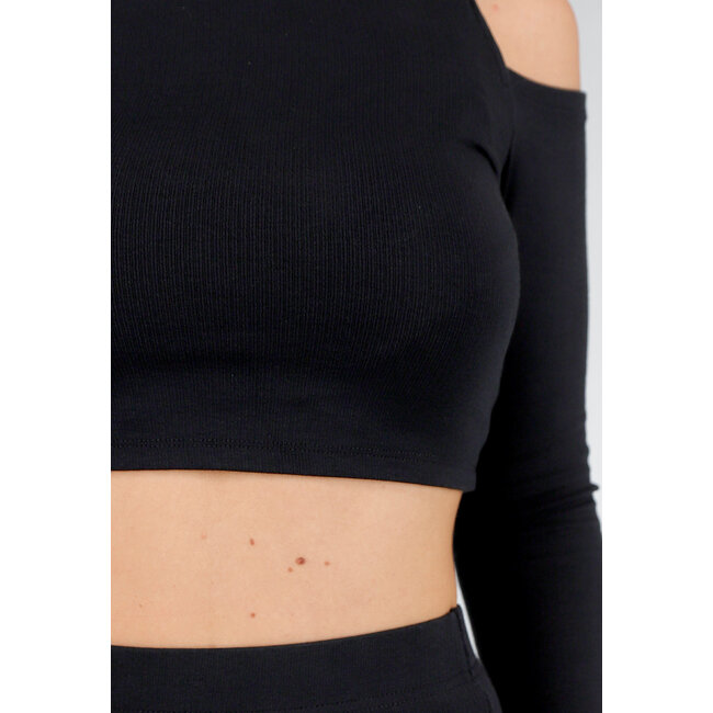 Schwarzes zweiteiliges Set mit Cut-Out-Oberteil und Maxirock