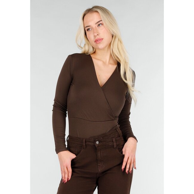 Brauner Wickelbody mit langen Ärmeln