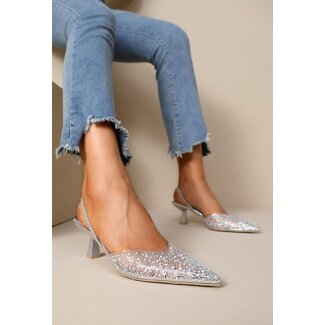 Silberne Slingback-Pumps mit Strass