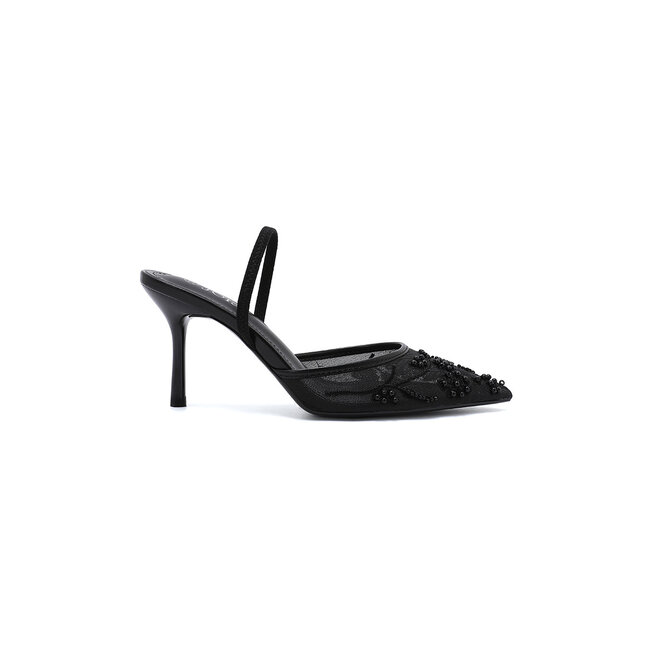 Schwarze Slingback-Pumps mit Mesh-Perlen