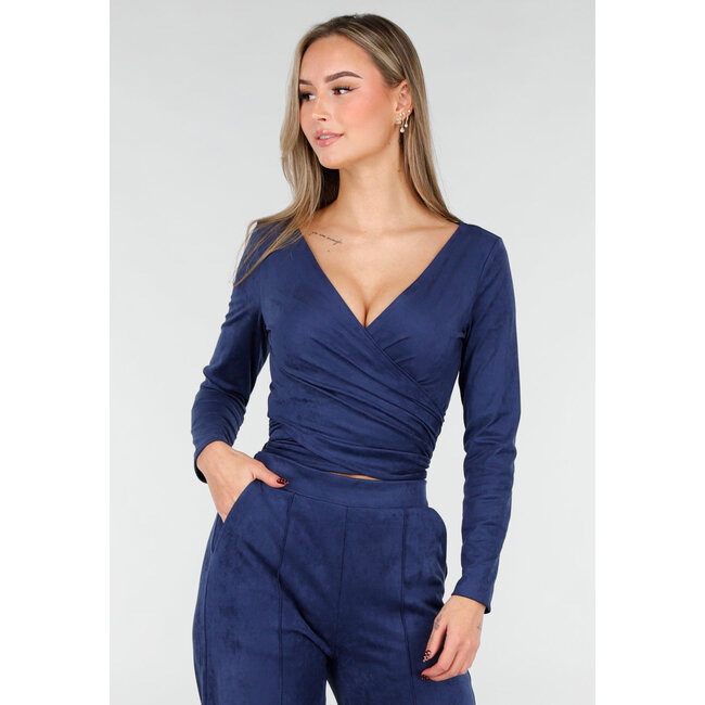Dark Blue Suede Wrap Top with Stretch