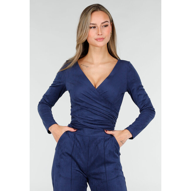 Dark Blue Suede Wrap Top with Stretch