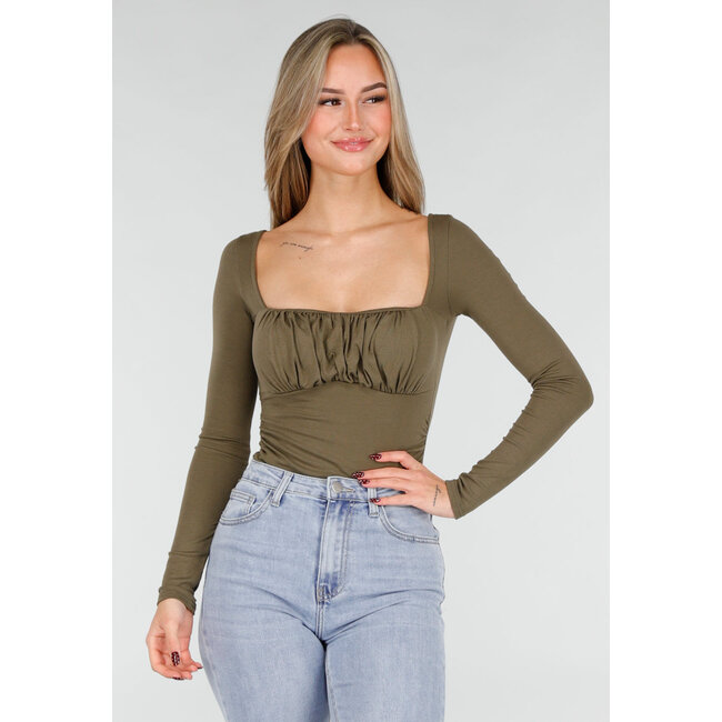 Khaki Push-Up-Langarmshirt mit gerafftem Bustier