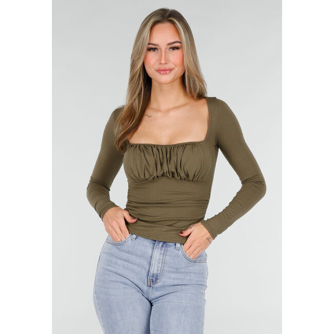 Khaki Push-Up-Langarmshirt mit gerafftem Bustier