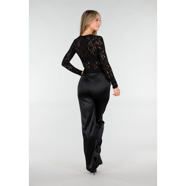 Schwarzes Spitzen-Wickeloberteil mit langen Ärmeln