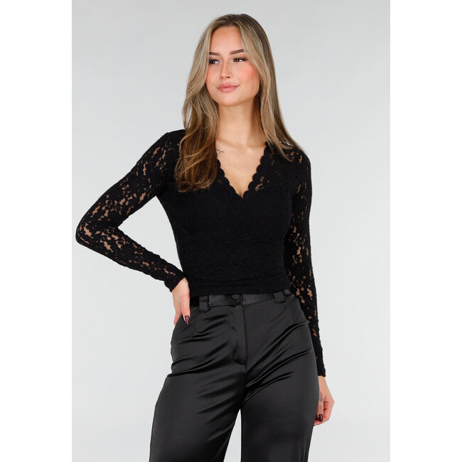 Schwarzes Spitzen-Wickeloberteil mit langen Ärmeln
