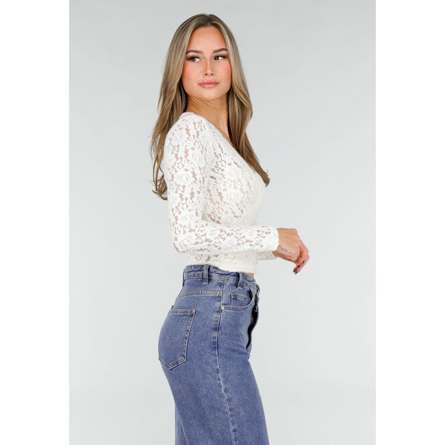 Weißes Spitzen-Wickeloberteil mit langen Ärmeln