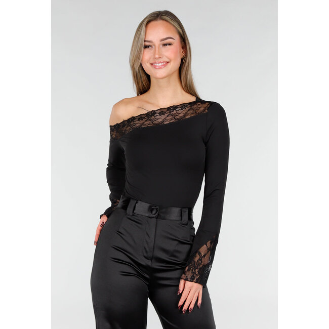 Schwarzer One-Shoulder-Body mit langen Ärmeln und Spitzendetails