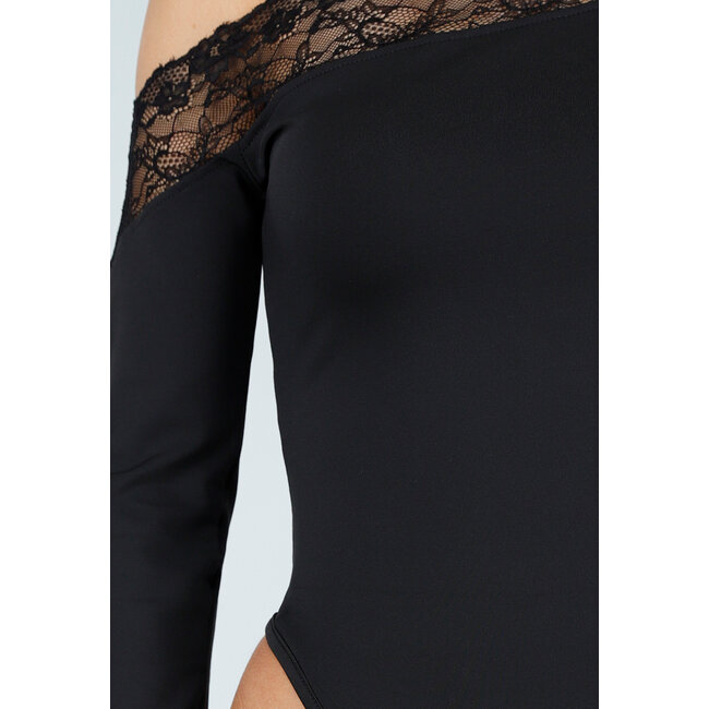 Schwarzer One-Shoulder-Body mit langen Ärmeln und Spitzendetails