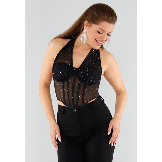 Schwarzes Mesh-Korsett-Top mit Glitzer