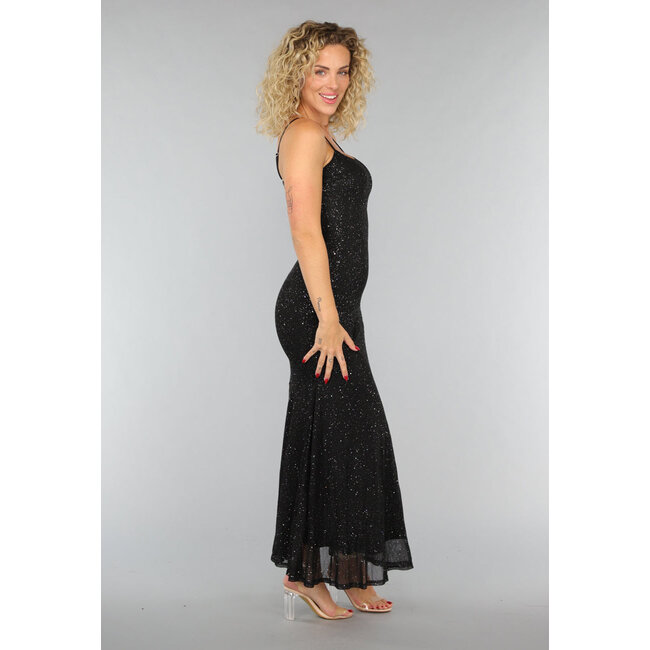 Schwarzes Glitzer-Maxikleid mit weitem Rock