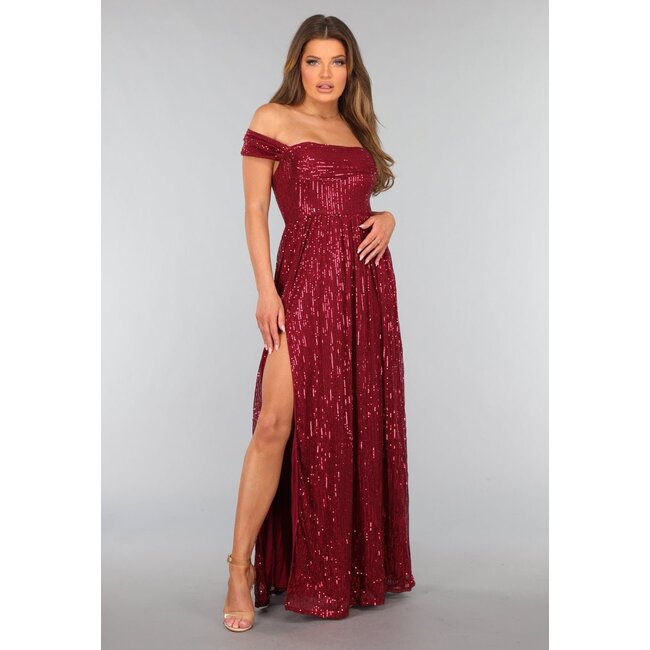 Bordeauxrotes Kleid mit Schulterbesatz