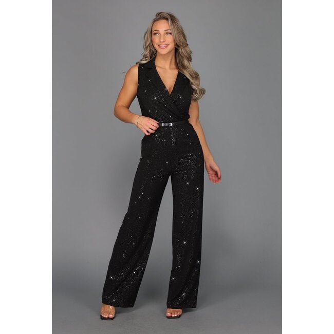Schwarzer Straight Leg Glitter Jumpsuit mit Gürtel