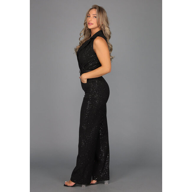 Schwarzer Straight Leg Glitter Jumpsuit mit Gürtel