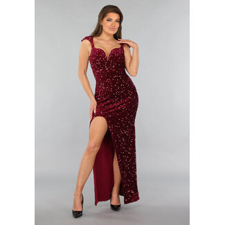 Burgunderfarbenes paillettenbesetztes Galakleid mit V-Ausschnitt