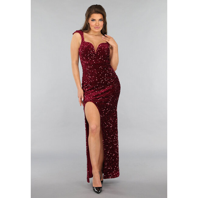 Burgunderfarbenes paillettenbesetztes Galakleid mit V-Ausschnitt