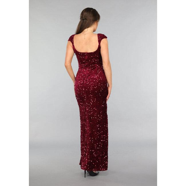Burgunderfarbenes paillettenbesetztes Galakleid mit V-Ausschnitt