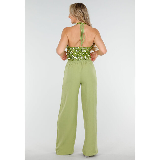 Grünes Pailletten-Träger-Top mit offenem Rücken
