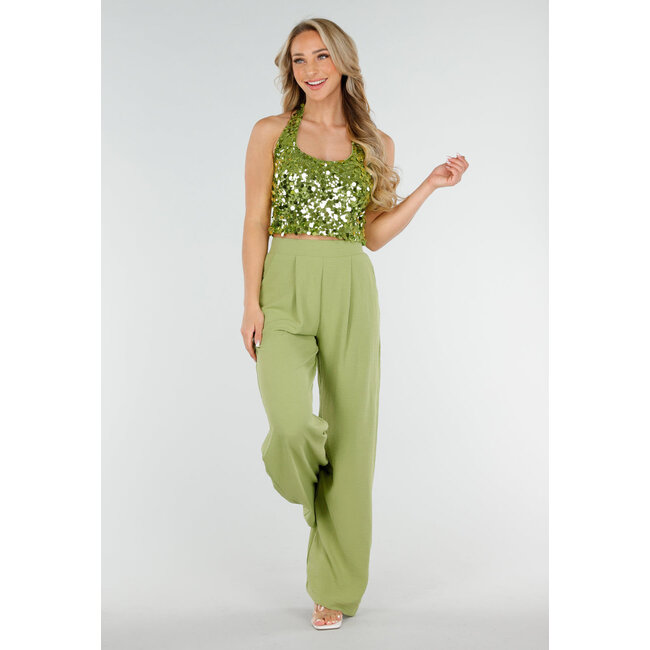 Grünes Pailletten-Träger-Top mit offenem Rücken