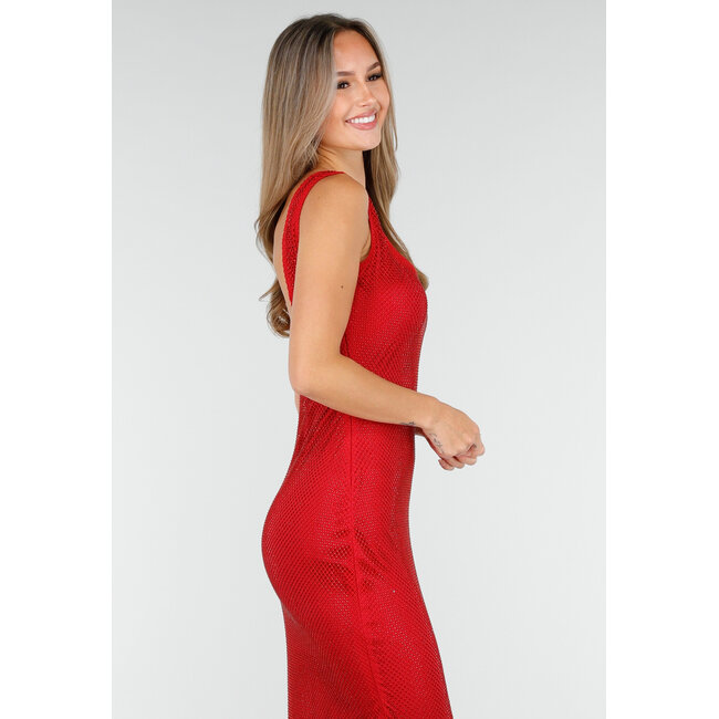 Rotes langes Glitzerkleid mit Strasssteinen und tiefem Rückenausschnitt