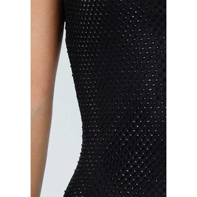 Schwarzes langes Glitzer-Maxikleid mit Strasssteinen und tiefem Rückenausschnitt