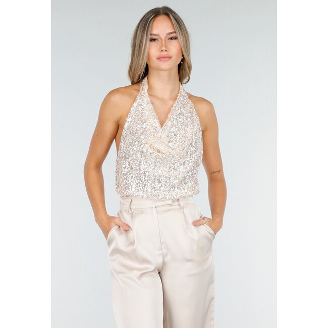 Champagner Pailletten Neckholder-Top mit Wasserfallausschnitt
