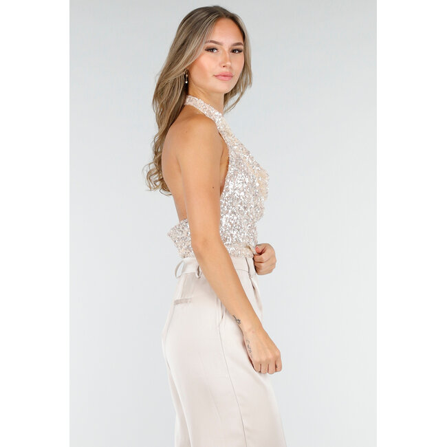 Champagner Pailletten Neckholder-Top mit Wasserfallausschnitt