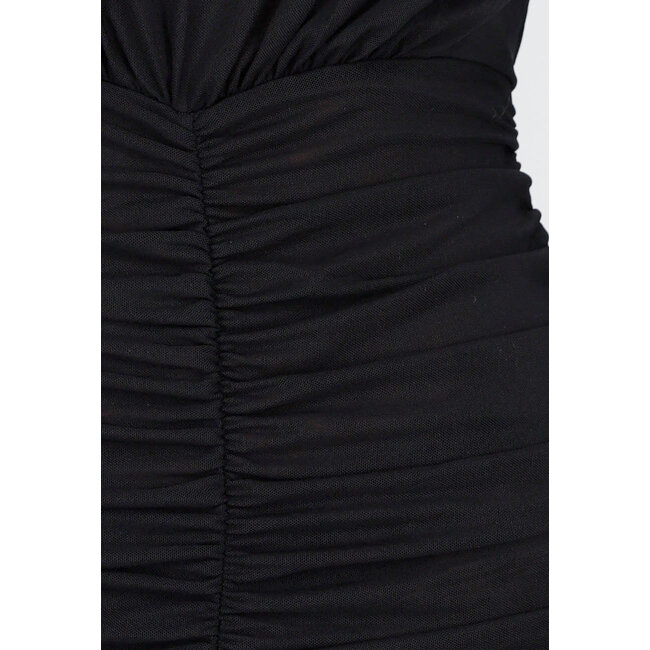 Schwarzes Kleid mit langen Ärmeln, Mesh-Stoff und Rüschen