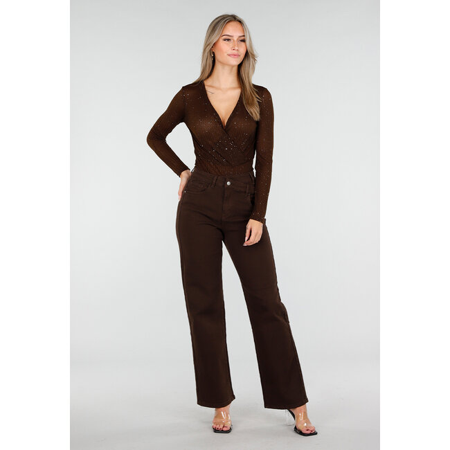 Brauner Glitzer-Body mit langen Ärmeln und V-Ausschnitt