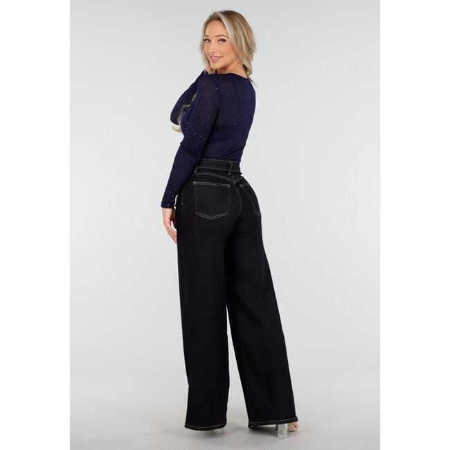 Dunkelblauer Glitzer-Bodysuit mit langen Ärmeln und tiefem V-Ausschnitt