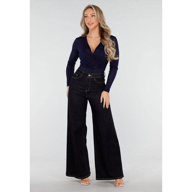 Dunkelblauer Glitzer-Bodysuit mit langen Ärmeln und tiefem V-Ausschnitt