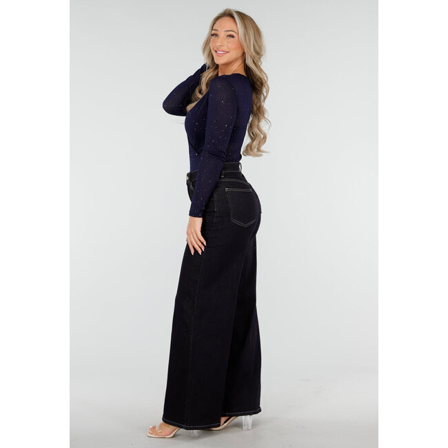 Dunkelblauer Glitzer-Bodysuit mit langen Ärmeln und tiefem V-Ausschnitt