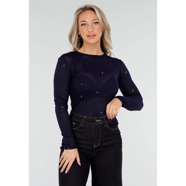 Dark Blue Glitter Top with Long Sleeves and Round Neck